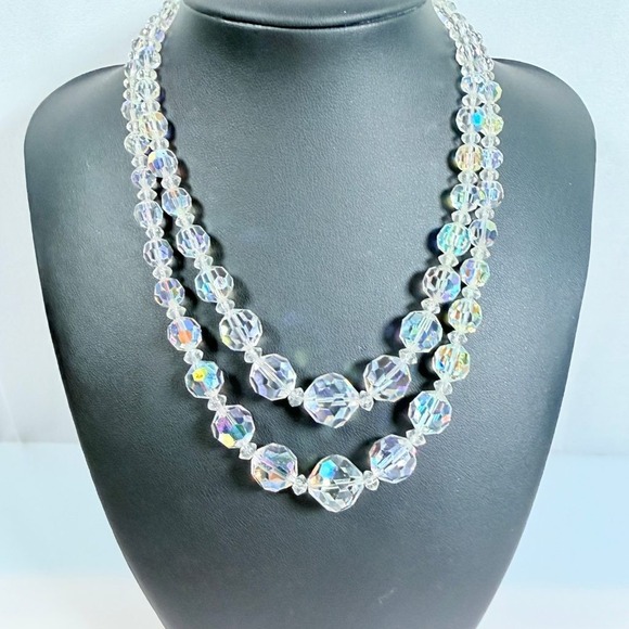 Jewelry - Vintage AB Crystal Necklace Double Strand Graduated Adjustable 13-15.5 in